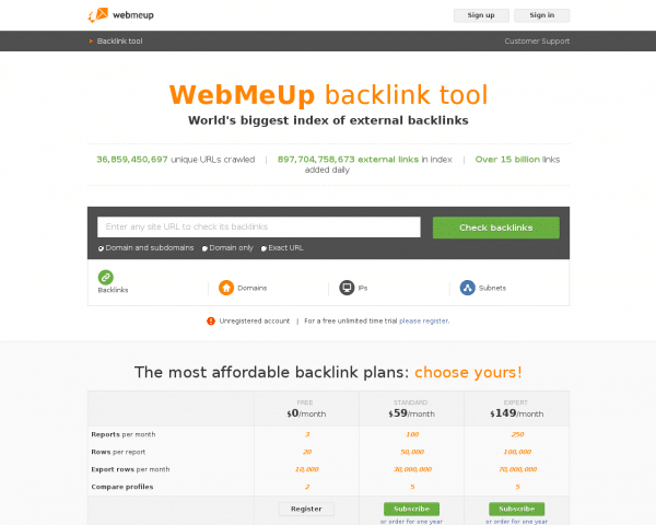 WebMeUp backlink tool - link checker with fastest growing index